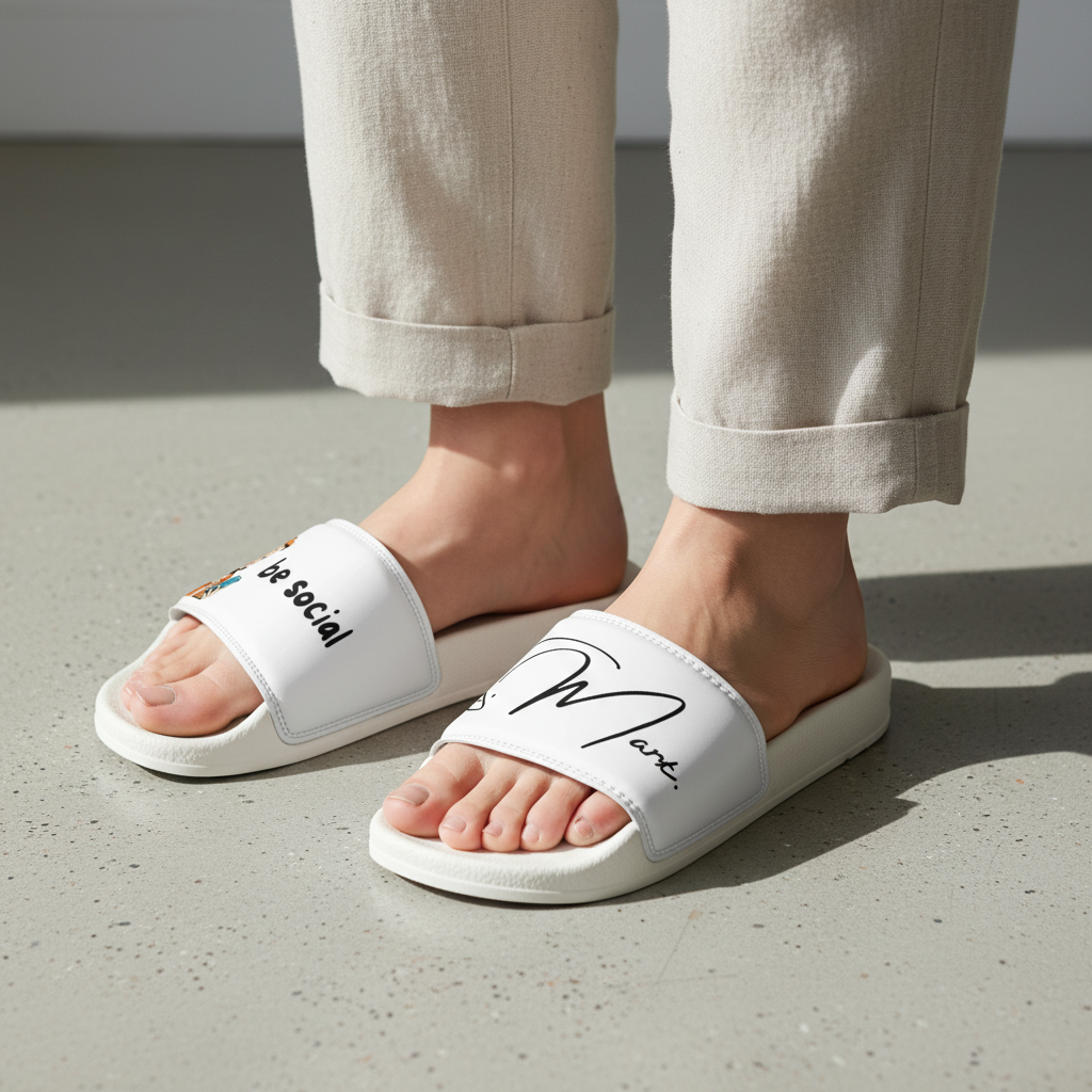 White padded women's slippers by flyliving with "be social" text on the left and "Smart." text on the right, worn with beige pants.