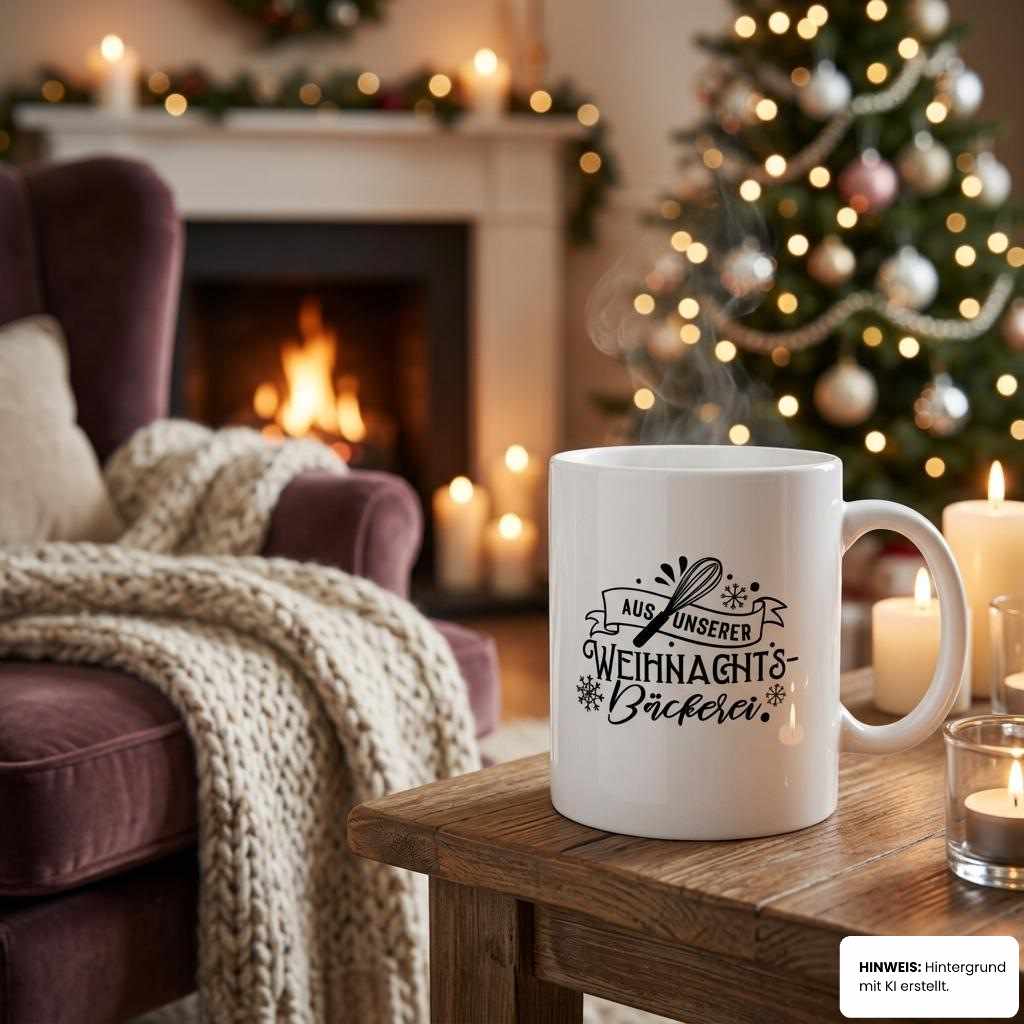 Tasse Banner-Serie am Kamin mit Weihnachtsbaum – flyliving