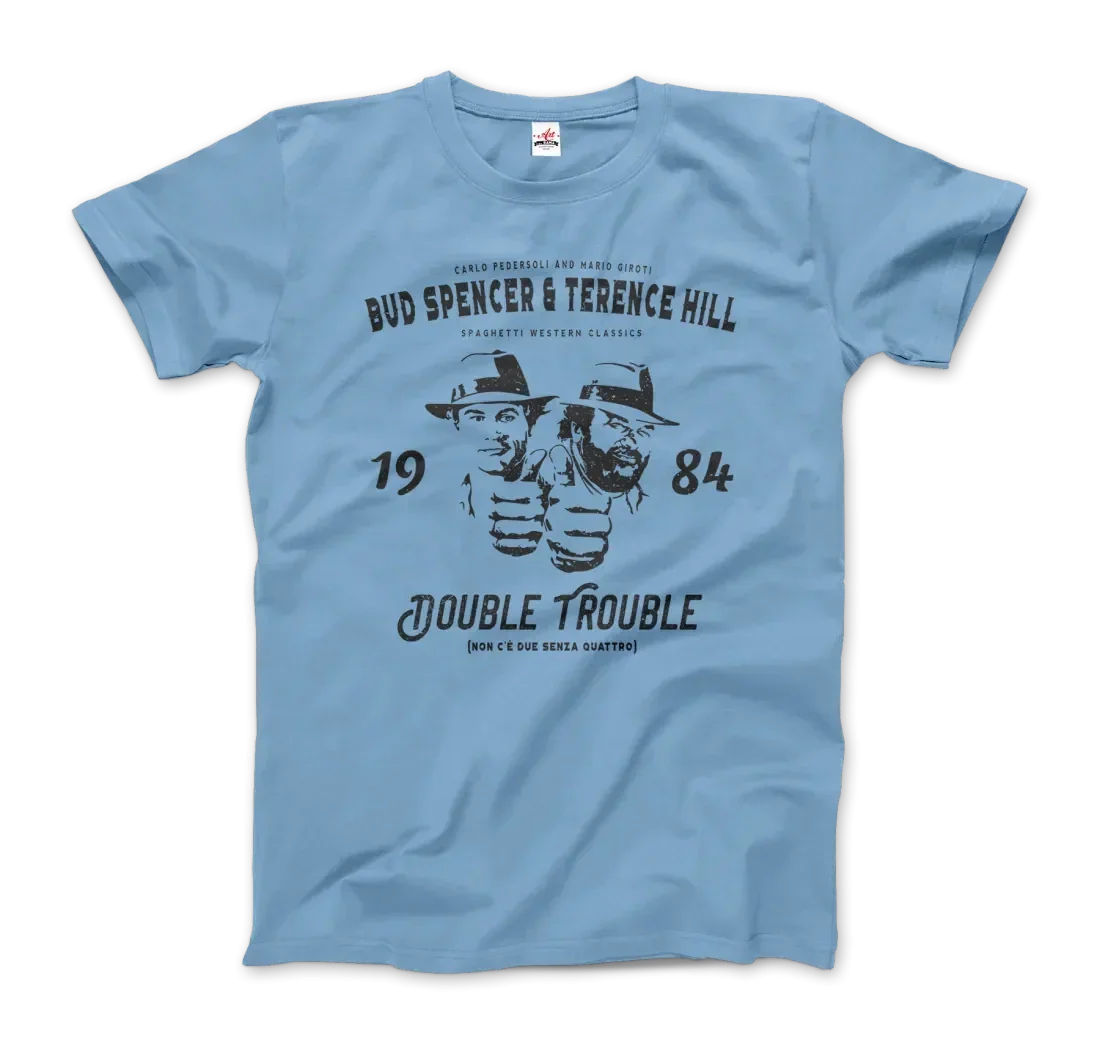 Herren T-Shirt in Hellblau mit Bud Spencer & Terence Hill Double Trouble Motiv. Kultiges Design für Spaghetti Western Liebhaber.