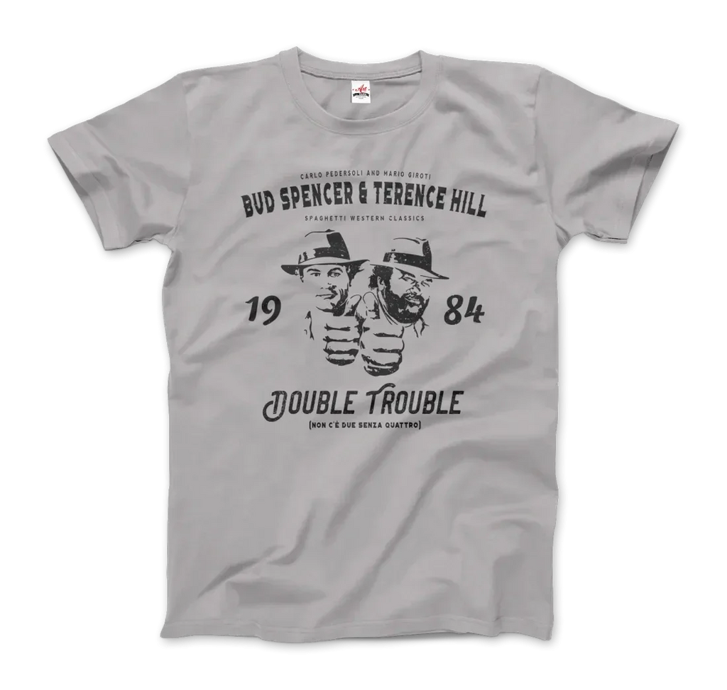 Graues Herren T-Shirt mit schwarzem Double Trouble Aufdruck von Bud Spencer & Terence Hill. Retro-Design für Filmfans.