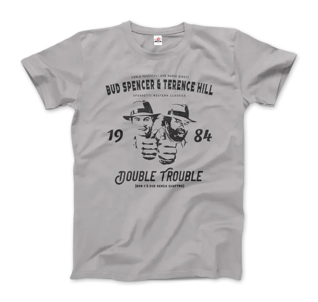 Graues Herren T-Shirt mit schwarzem Double Trouble Aufdruck von Bud Spencer & Terence Hill. Retro-Design für Filmfans.