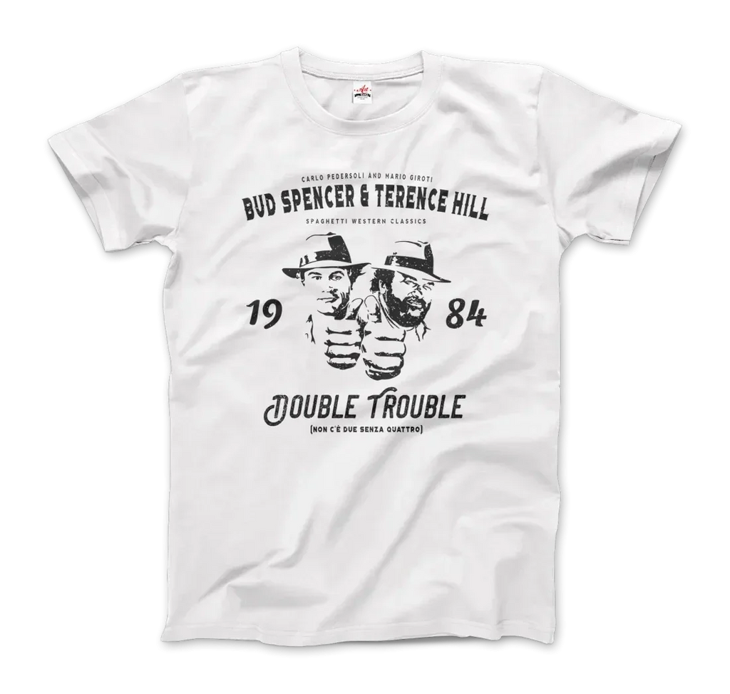 Weißes Herren T-Shirt mit Bud Spencer & Terence Hill Double Trouble Print. Kultige Hommage an Spaghetti Western Klassiker.