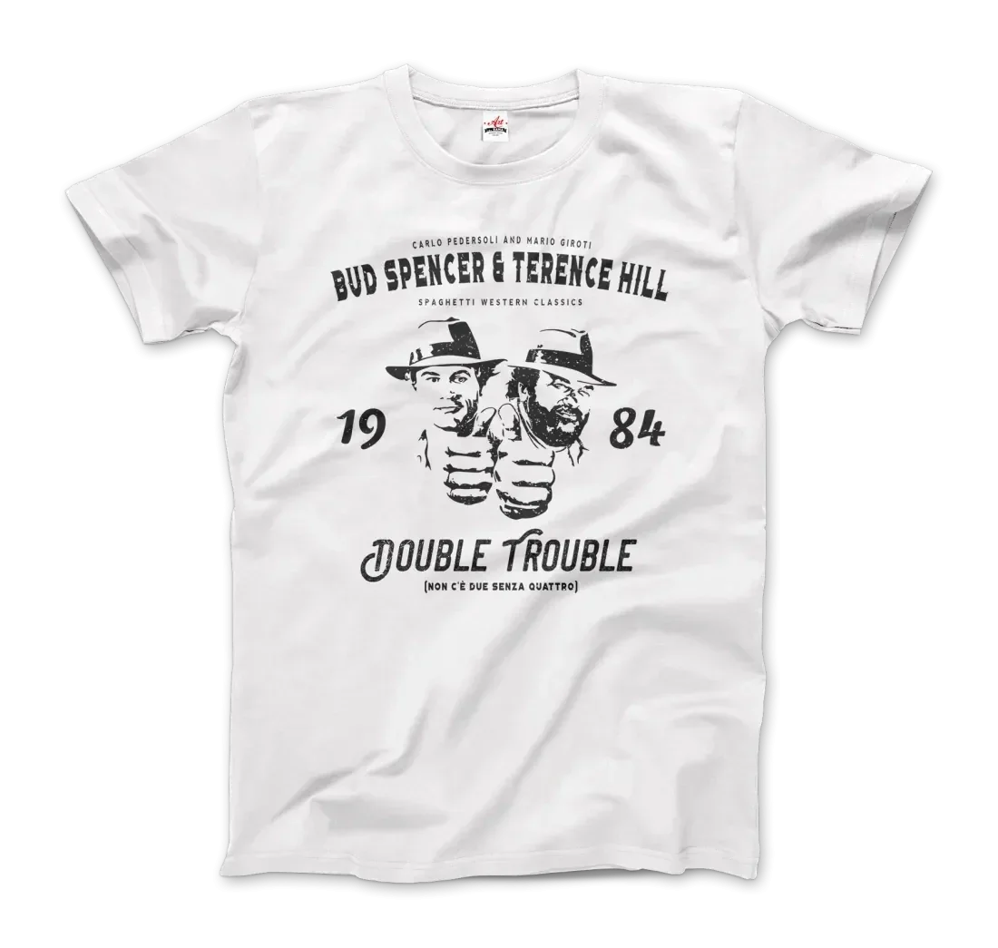 Weißes Herren T-Shirt mit Bud Spencer & Terence Hill Double Trouble Print. Kultige Hommage an Spaghetti Western Klassiker.