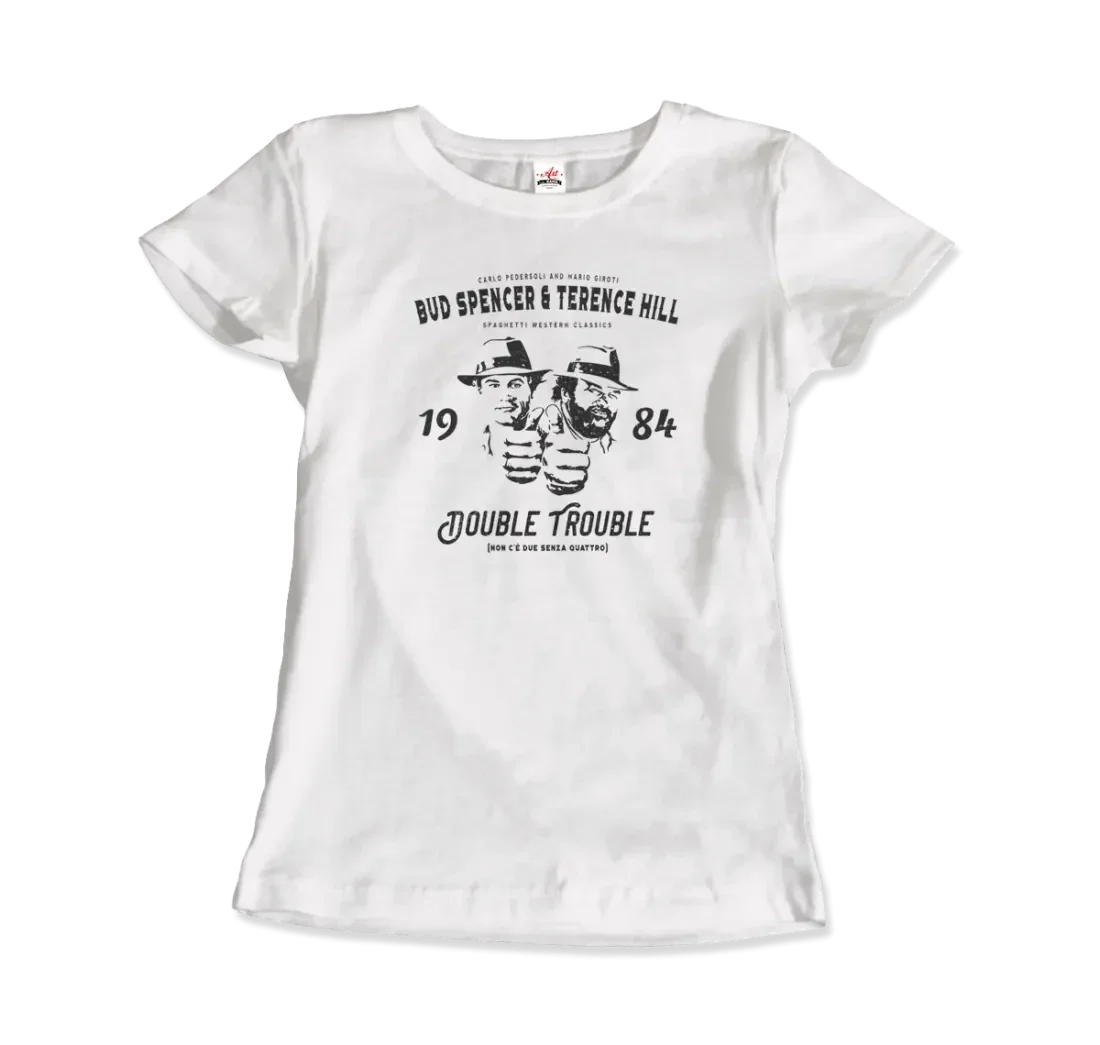 Damen T-Shirt in Weiß mit kultigem Bud Spencer & Terence Hill Double Trouble Motiv. Nostalgisches Design für Filmfans.