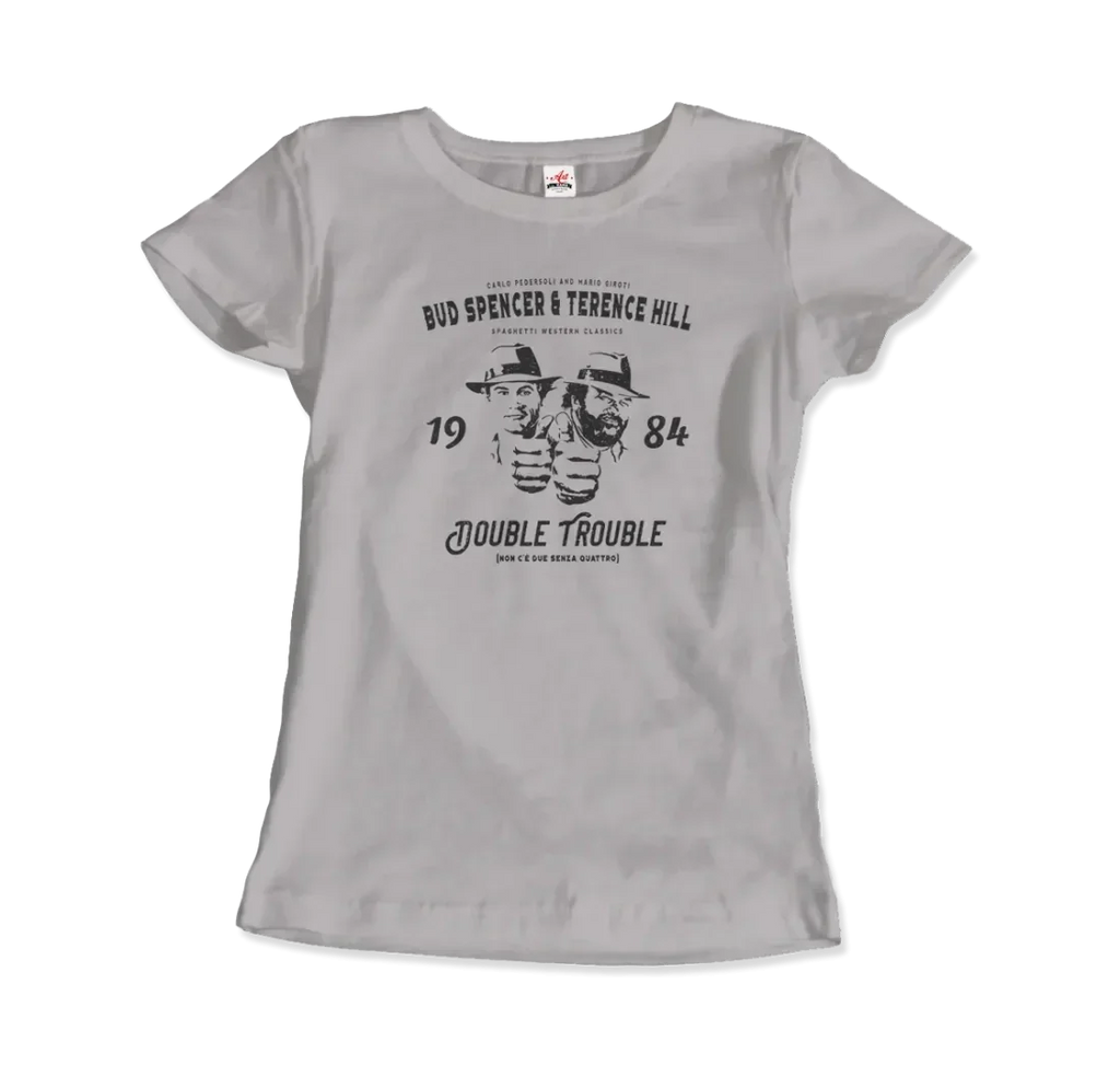 Weißes Double Trouble T-Shirt mit Bud Spencer & Terence Hill Print für Damen. Kultshirt aus 100% Baumwolle, Oeko-Tex zertifiziert.