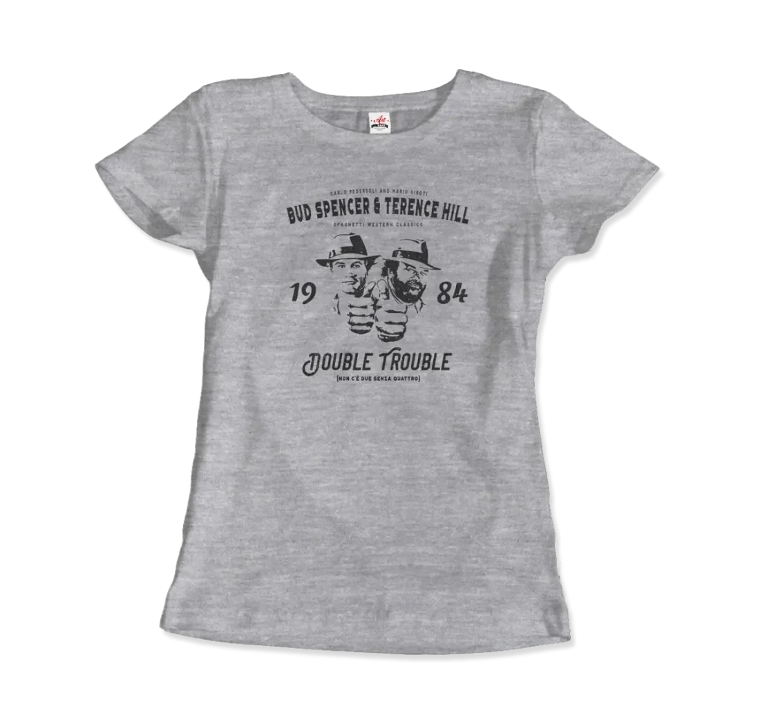 Graues Damen T-Shirt Double Trouble mit Bud Spencer & Terence Hill Print. Kultige Filmgrafik auf hochwertigem Baumwollstoff.
