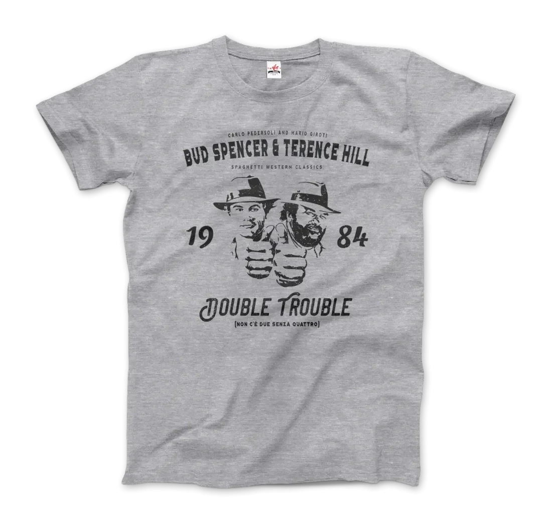 Graues Herren T-Shirt mit Bud Spencer & Terence Hill Double Trouble Design. Perfekt für Fans der Spaghetti Western Klassiker.