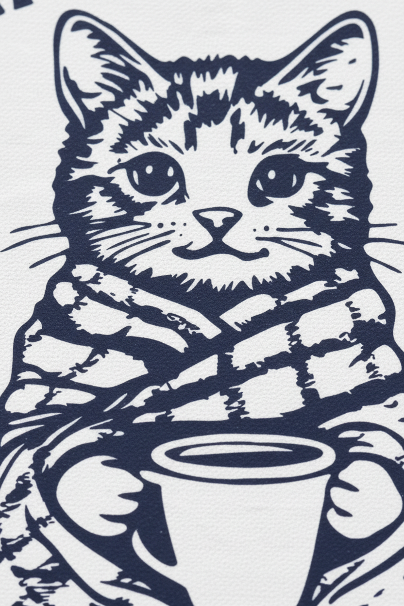 Katze leinwandbild mit navyblauer tintenillustration einer getigerten katze im gestreiften deckenmotiv für büro und homeoffice