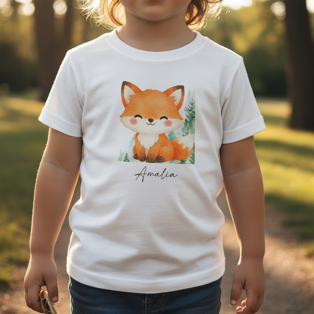 Weiße kinder t-shirt sweet animals mit niedlichem orangenem fuchs, grünen kiefern und name amalia personalisiert