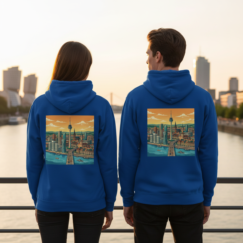 Royalblauer kapuzenpullover mit vibrantem illustrierte stadtbild auf der rückseite nachhaltiger reißverschluss