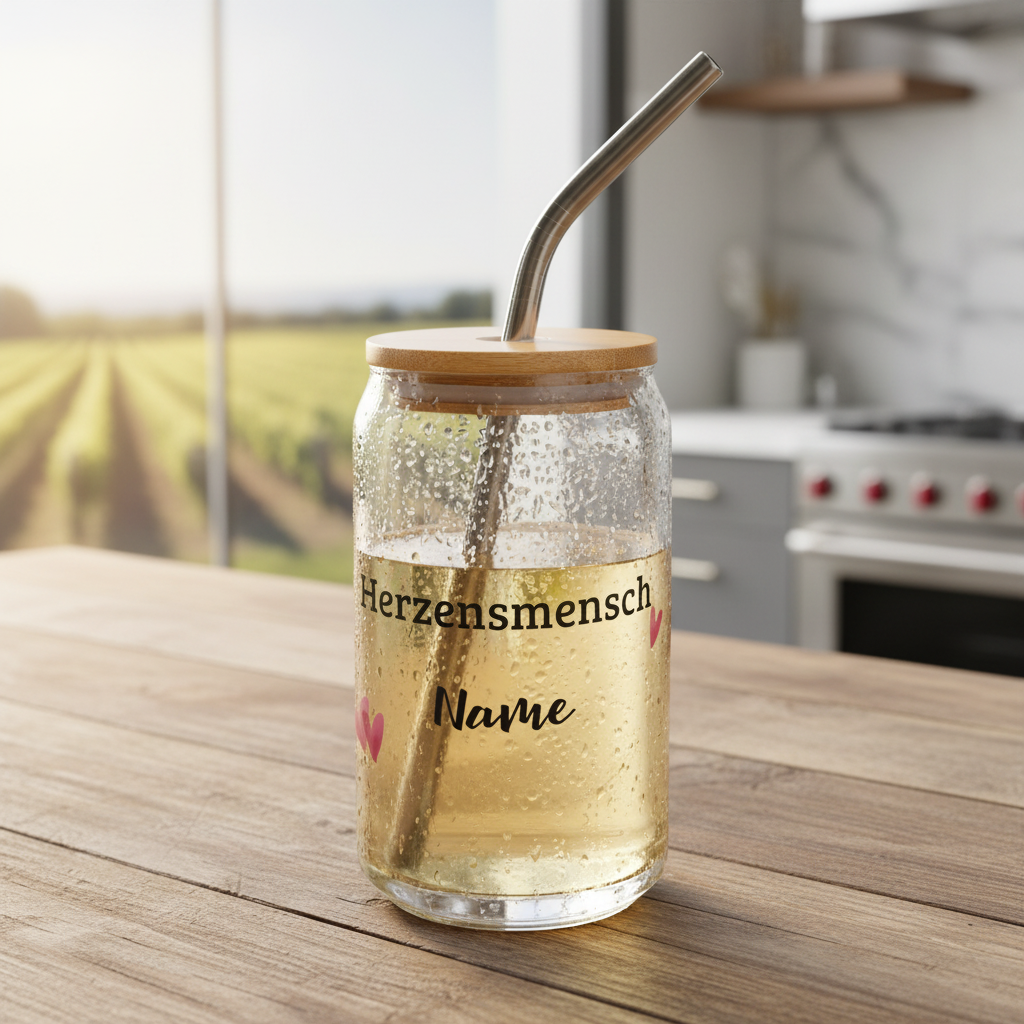 Herzensmensch Glas | 473 ml | Mit Wunschname & optional Deckel