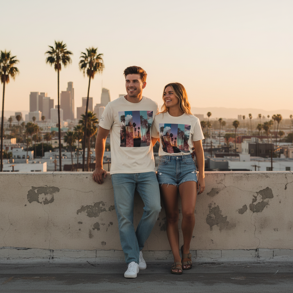 Weiße heavyweight t-shirt mit buntem palmen- und stadtgrafikdruck la sentimental premium streetwear basic