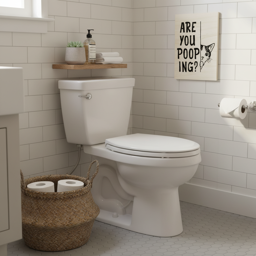 Lustiges Badezimmer Holzbild mit Spruch - Hochwertiger Holzdruck für Gäste WC - Rustikale Wanddeko aus Birkenholz - Geschenkidee für Freunde