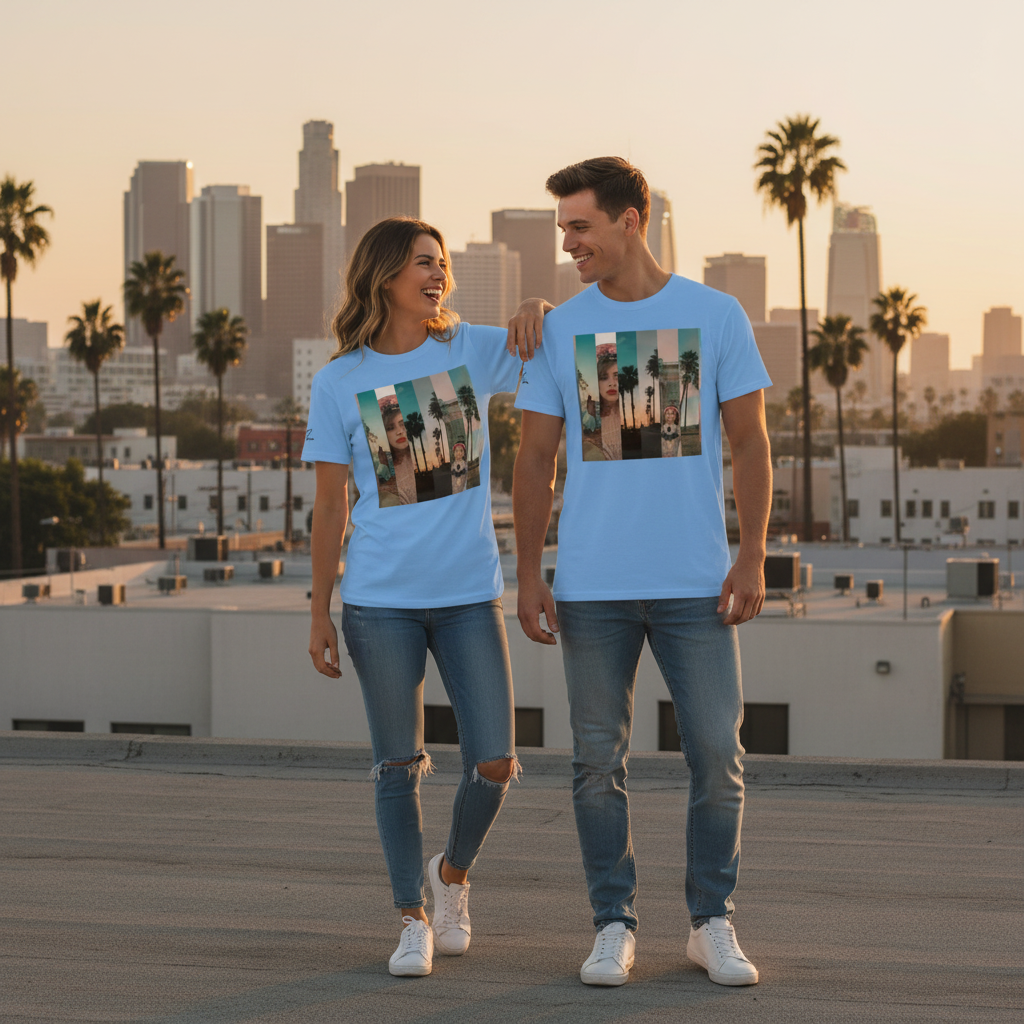 Hellblaues Baumwoll-tshirt mit rechteckigem Palmbaum- und gesichtsgrafikdruck la sentimental heavyweight tshirt premium streetwear basic