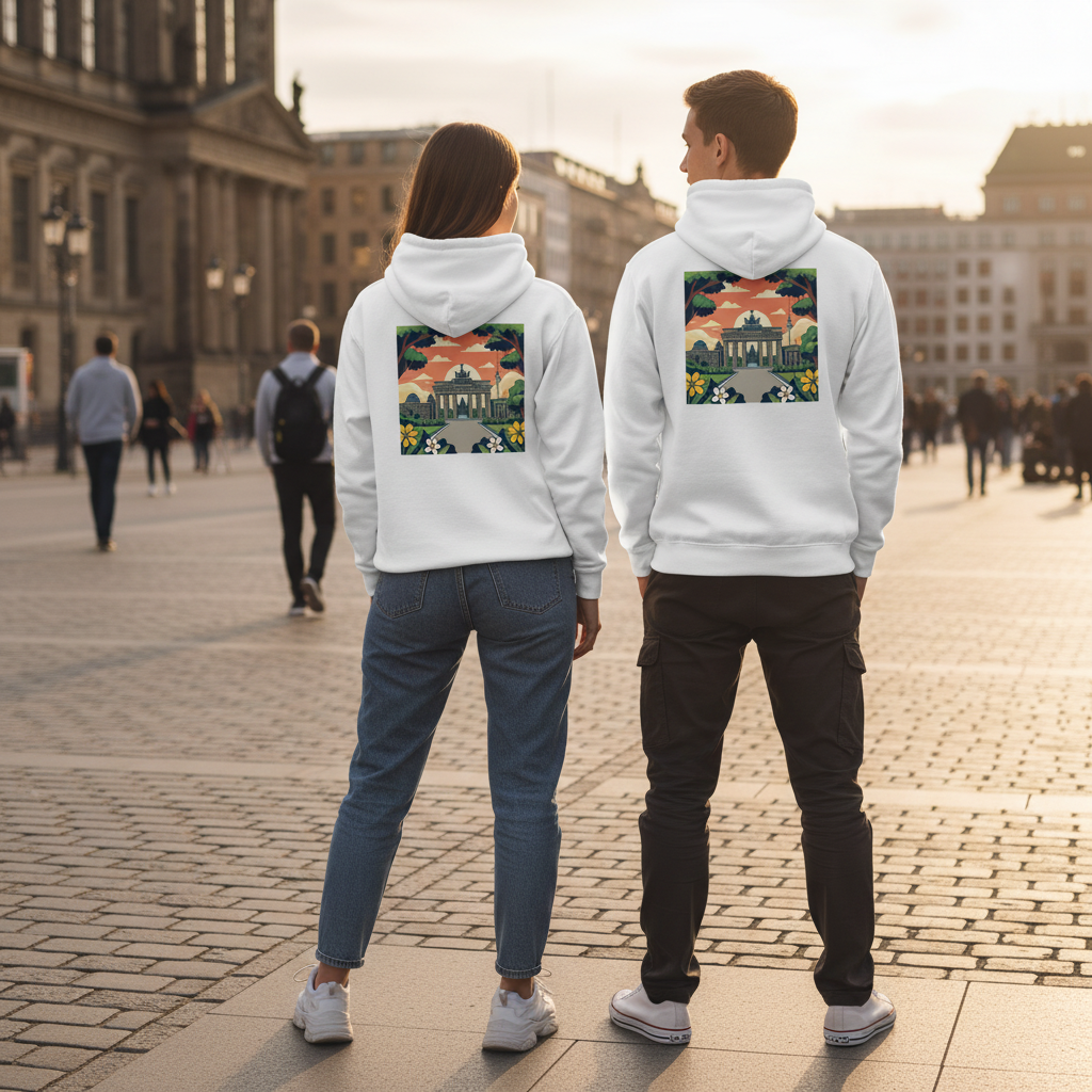 Weißer nachhaltiger köpzenpullover mit buntem stylisiertem gebäude und tropischen pflanzen auf der rückseite