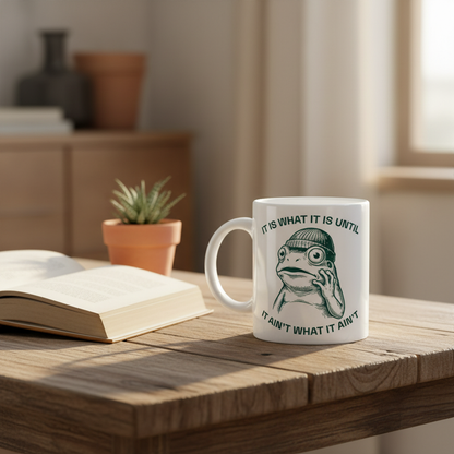 Weiße keramiktasse mit grüner froschillustration und spruch it is what it is bis it ain’t what it ain’t, ideal fürs büro und zuhause