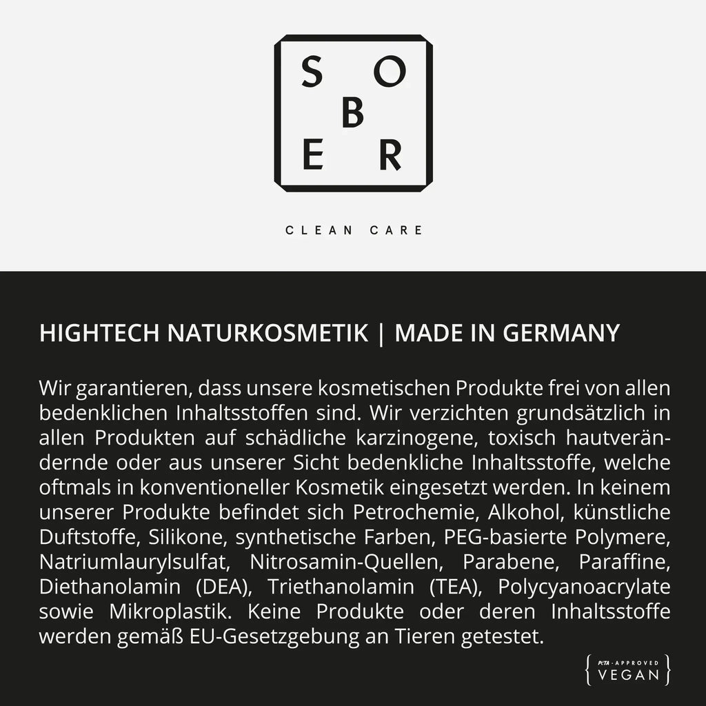 Schwarzer Hintergrund mit Text über die nüchterne Hand & Body Moisturizer Soap Bar. Made in Germany mit Amyrisöl, vegan, tierversuchsfrei, frei von schädlichen Inhaltsstoffen. Das sober-Logo und ein veganes Zertifizierungssymbol sind abgebildet.