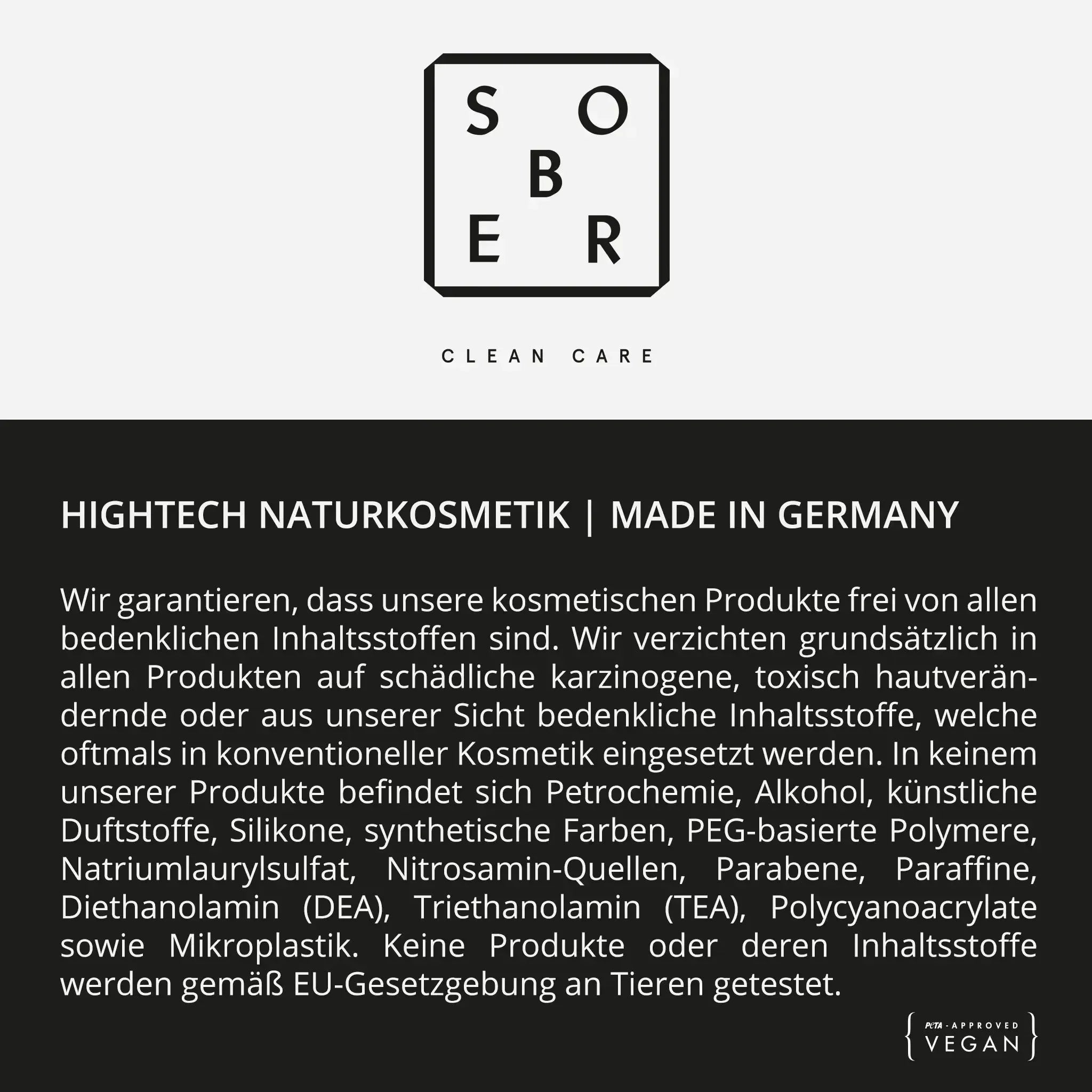 Schwarzer Hintergrund mit Text über die nüchterne Hand & Body Moisturizer Soap Bar. Made in Germany mit Amyrisöl, vegan, tierversuchsfrei, frei von schädlichen Inhaltsstoffen. Das sober-Logo und ein veganes Zertifizierungssymbol sind abgebildet.