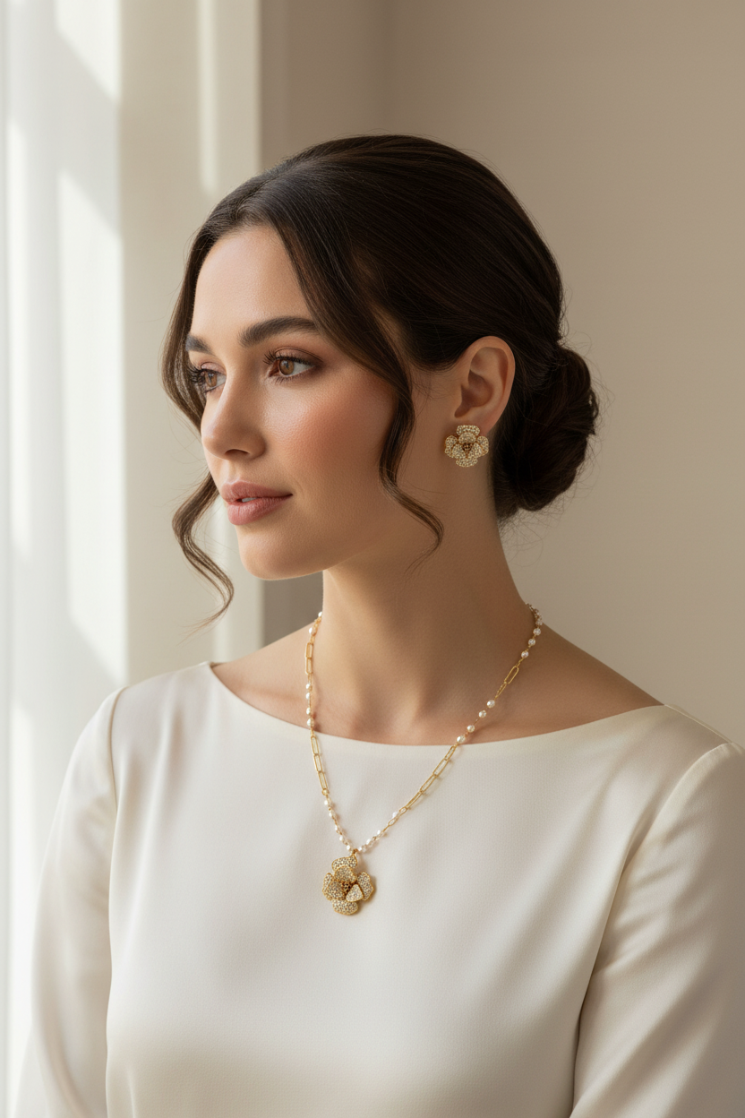 14K gold-plated Zirconia and Pearl jewelry set by flyliving, with flower earrings and a necklace featuring a large flower pendant.