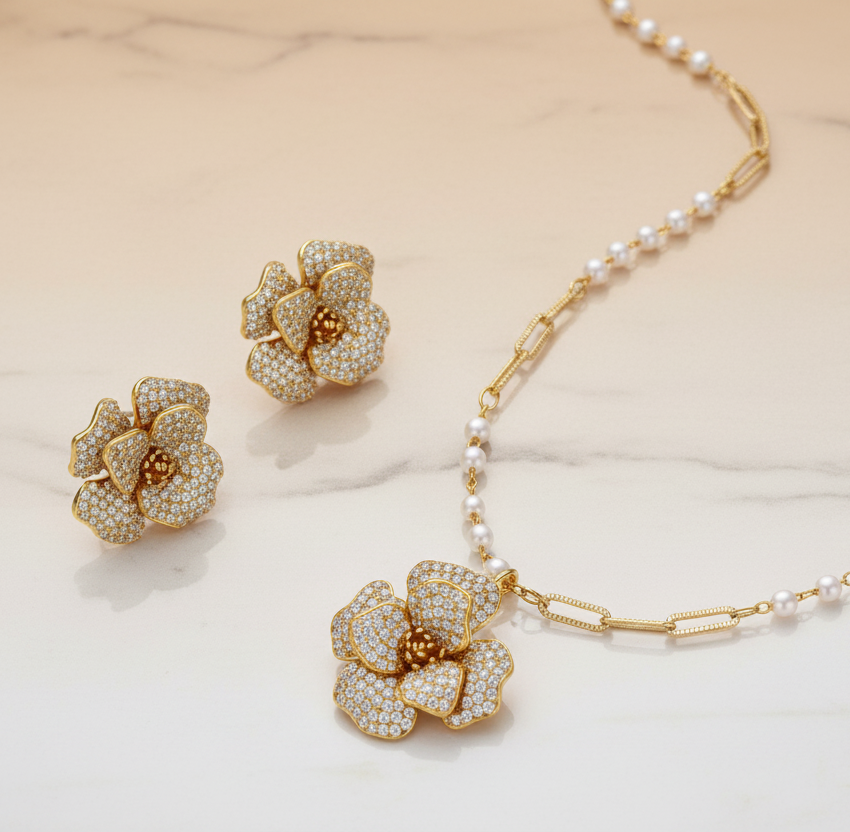 14K gold-plated jewelry set with zirconia and pearls by flyliving, featuring two flower earrings and a matching pendant on a pearl chain.