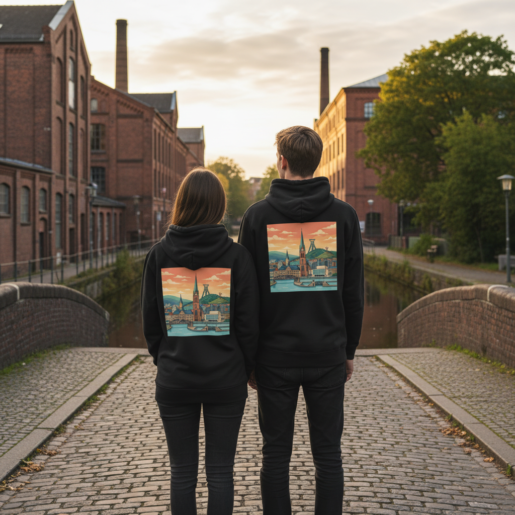 Schwarzer nachhaltiger städte-hoody mit farbigem deutschen humor cityscape-backprint und reißverschluss