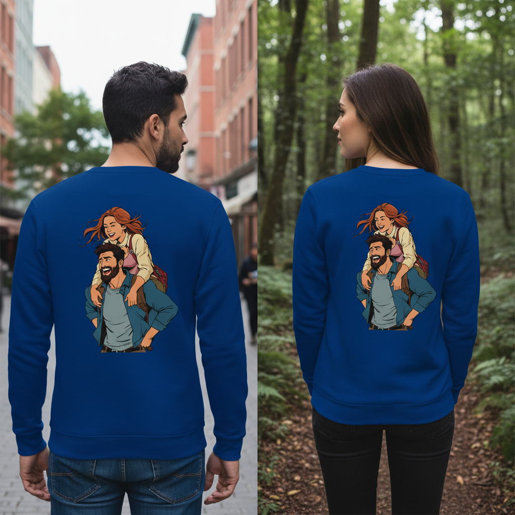 Royalblaues vintage comic pullover mit humorvollem cartoon eines bartträgers, der eine frau auf den schultern trägt