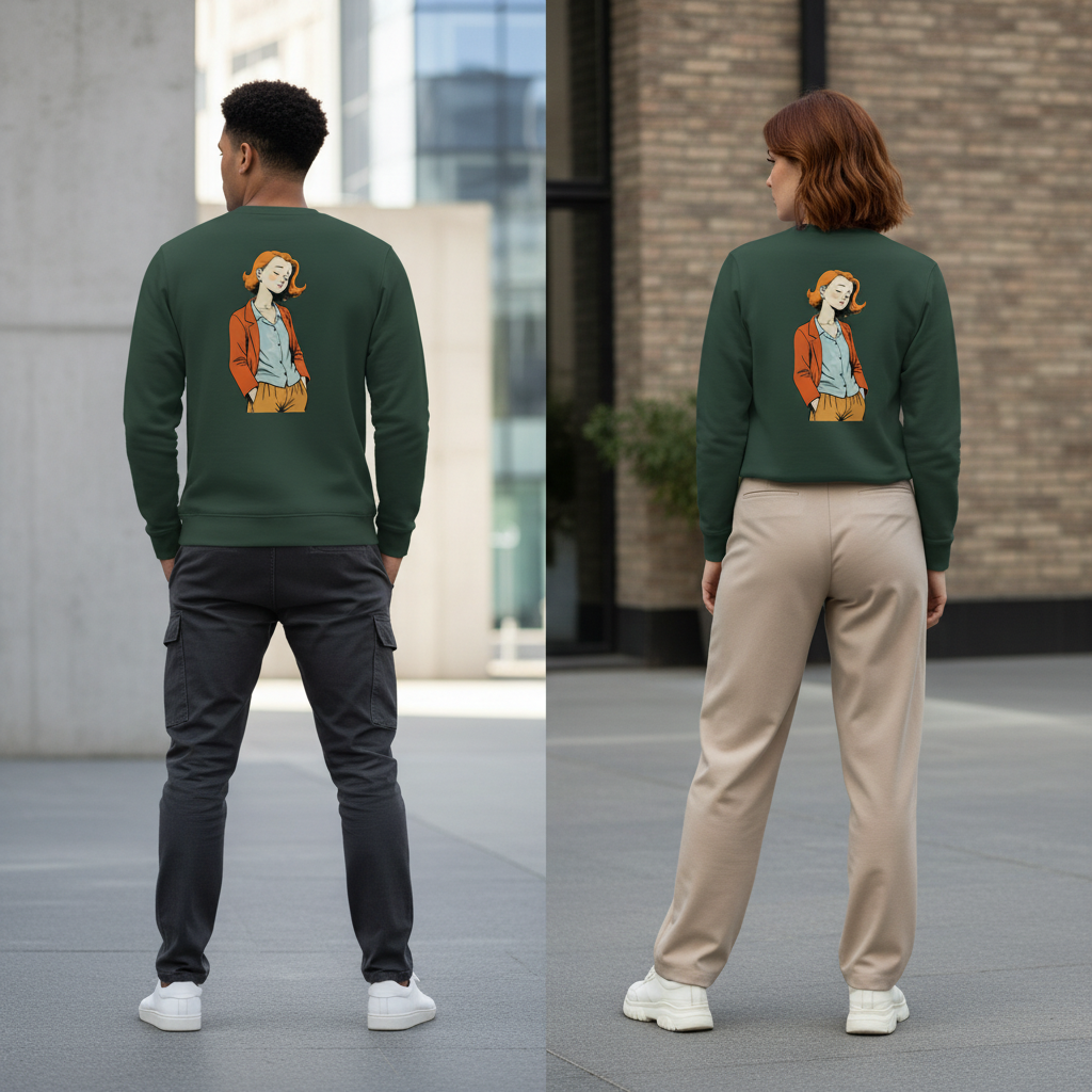 Dunkelgrüner vintage comic pullover mit cartoonillustration einer frau mit orangen haaren und alltagsstyle