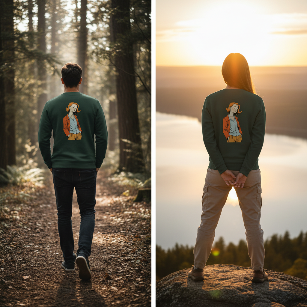 Dunkelgrüner langärmliger vintage comic pullover mit illustrativem aufdruck einer frau in orangem jackett und hellblauem hemd