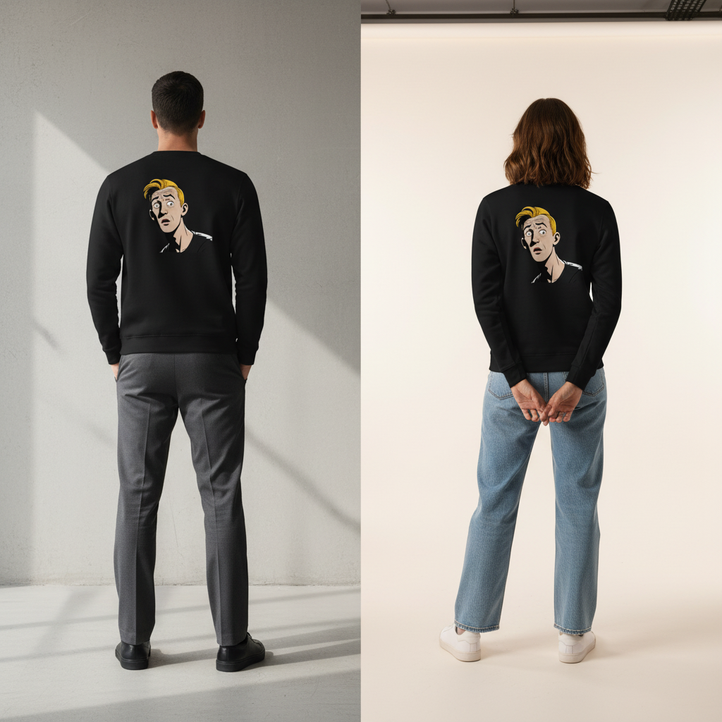 Schwarzer langarm vintage comic pullover mit cartoonillustration eines blonden mannes auf der rückseite