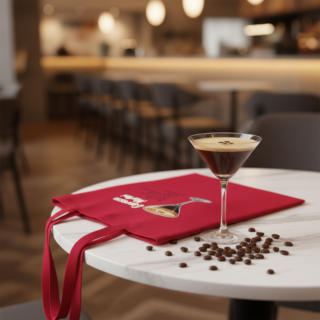 Roter espresso martini tote bag aus 100 prozent baumwolle mit weißer stickerei und goldenem martiniglas design
