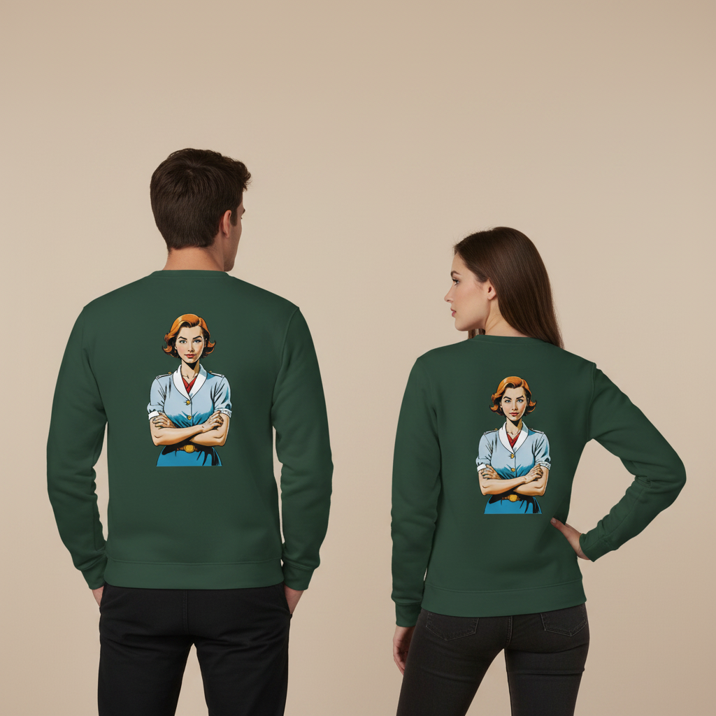 Dunkelgrüner vintage comic pullover mit langärmeligem sweatshirt und illustrativem grafikdruck einer frau in blau