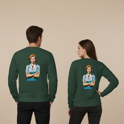 Dunkelgrüner vintage comic pullover mit langärmeligem sweatshirt und illustrativem grafikdruck einer frau in blau