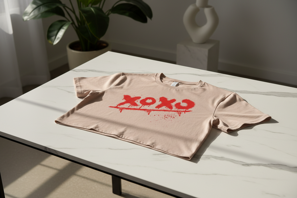 Beige crop top with a red spray paint "xoxo" graphic by flyliving, featuring drips and splatters, laid flat.