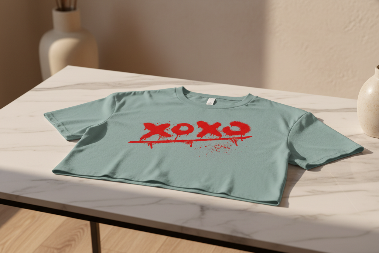 A light blue crop top by flyliving with a red graffiti-style "xoxo" graphic and splatters, laid on a marble table.