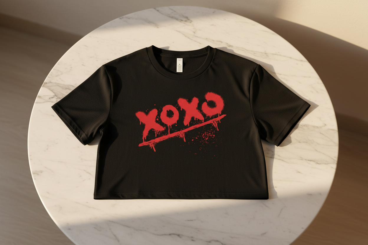 Black 100% combed cotton relaxed fit crop top by flyliving, with a red "XOXO" graffiti design and paint splatters, displayed on a marble table.