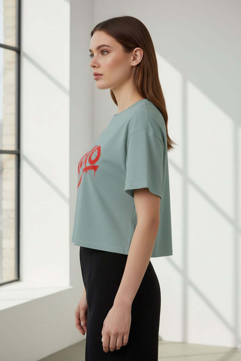 Pale teal cotton relaxed fit crop top by flyliving, with a red "xoxo" spray paint graphic, side view.