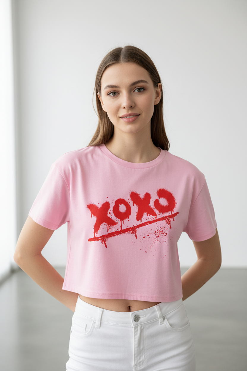 Pink 100% combed cotton crop top by flyliving, featuring a red "xoxo" spray paint graphic, styled with white jeans.