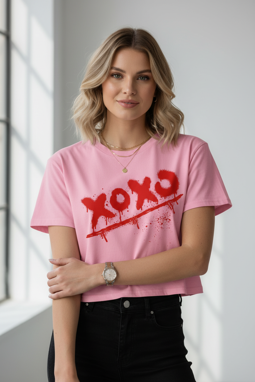 Pink 'xoxo' crop top by flyliving with red spray paint effect, worn by a woman in black jeans.