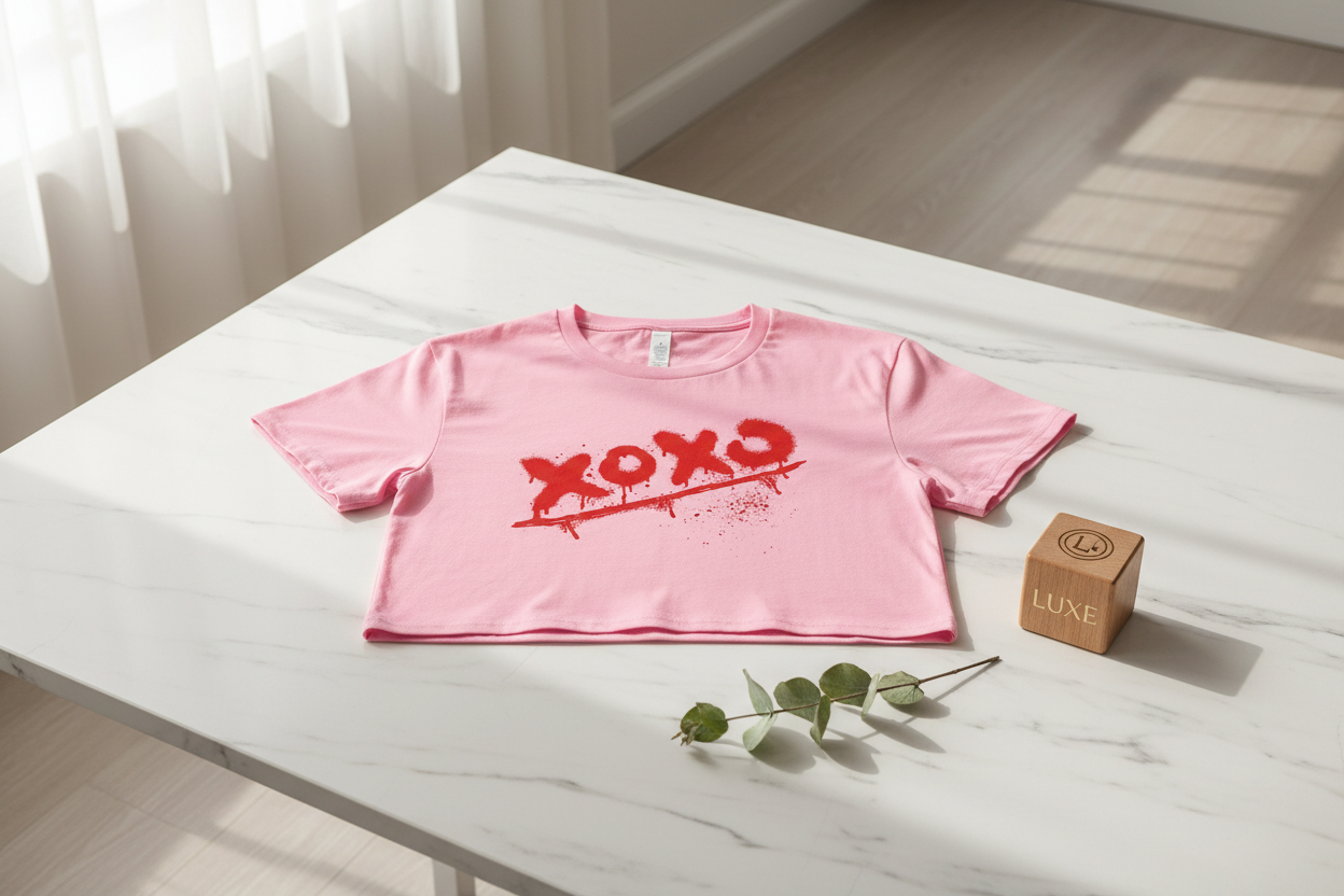 Pink cropped t-shirt by flyliving featuring a red "xoxo" graffiti print, laid flat on a marble table with a green sprig and a wooden Luxe block.