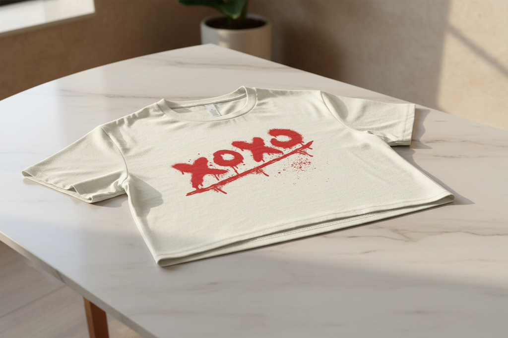 A white women's cropped t-shirt of combed cotton by flyliving, featuring a red spray-painted 'xoxo' design with splatters, laid on a marble table.