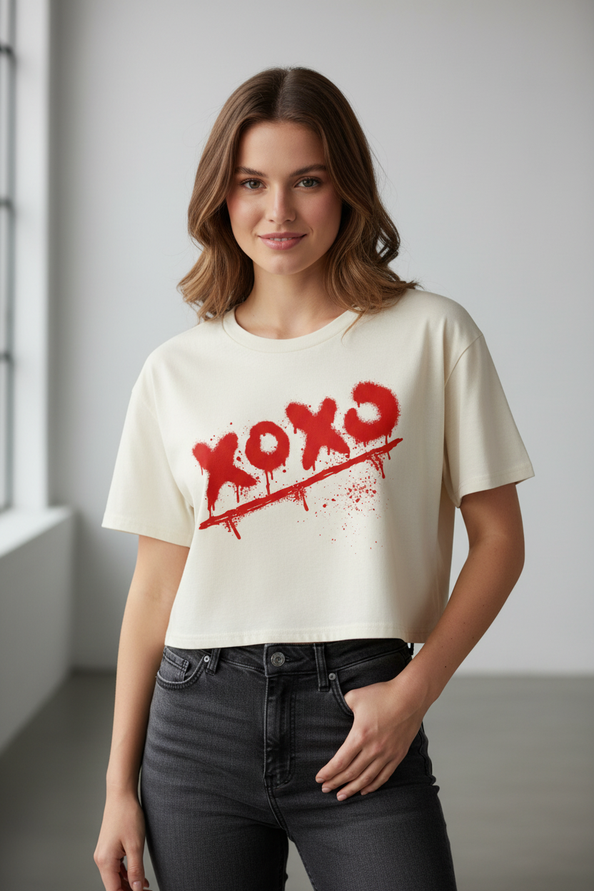 Cream crop top by flyliving featuring a red "xoxo" spray paint graphic, worn by a woman with dark jeans.