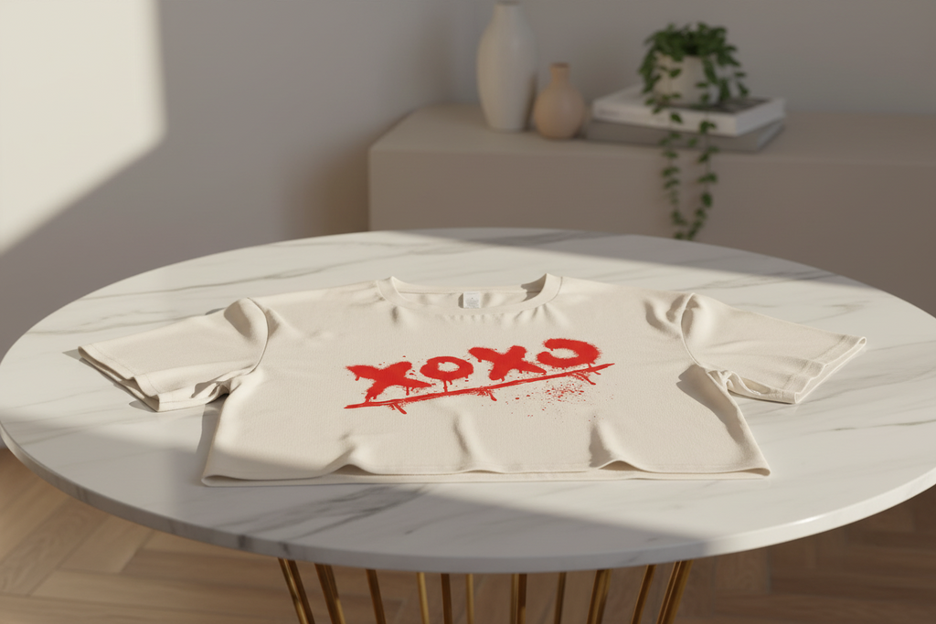 Beige combed cotton crop top by flyliving featuring a red 'XOXO' graffiti design with splatters, displayed flat on a marble table.