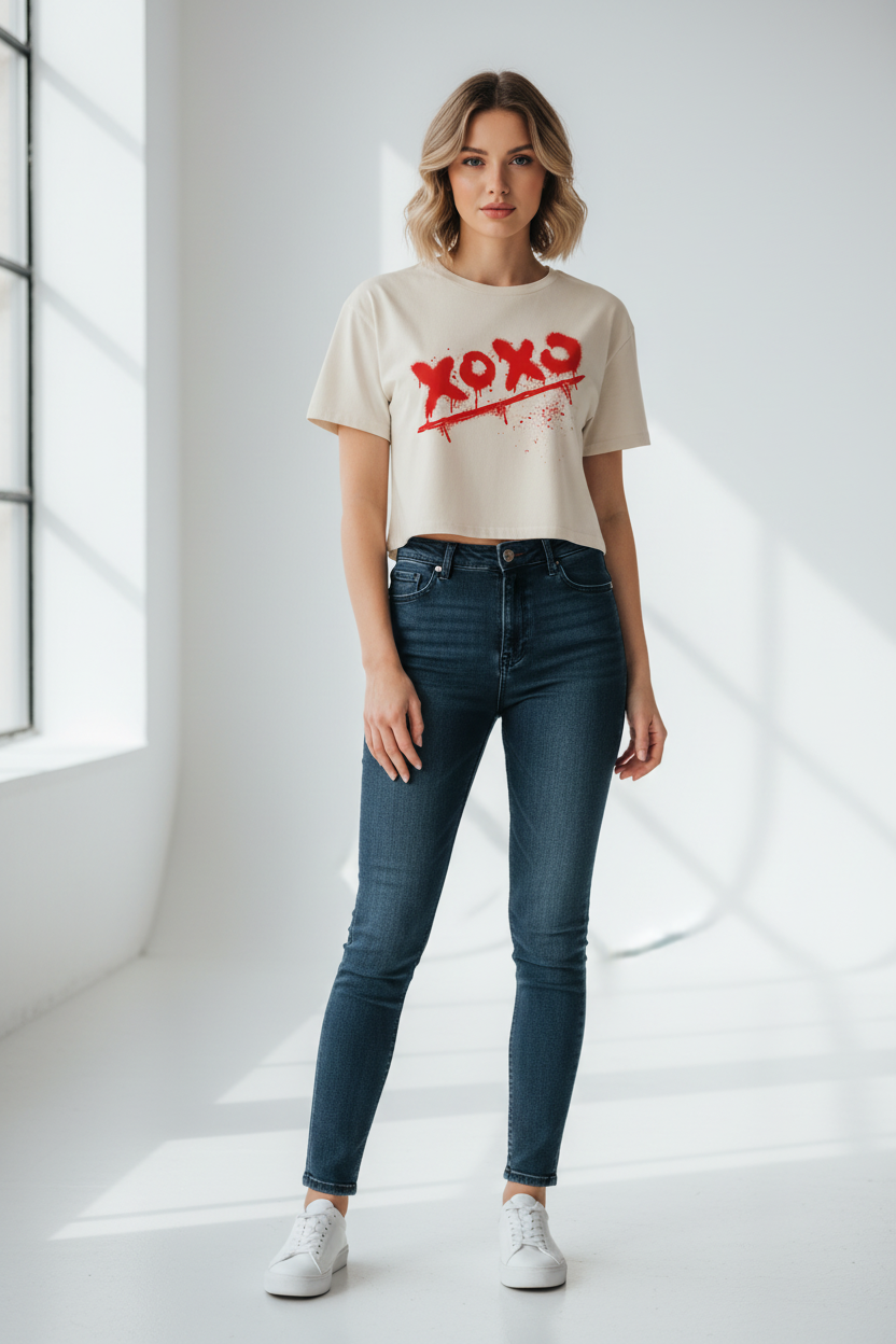 Beige relaxed fit crop top by flyliving with red 'xoxo' graffiti print, styled with dark jeans and white sneakers.