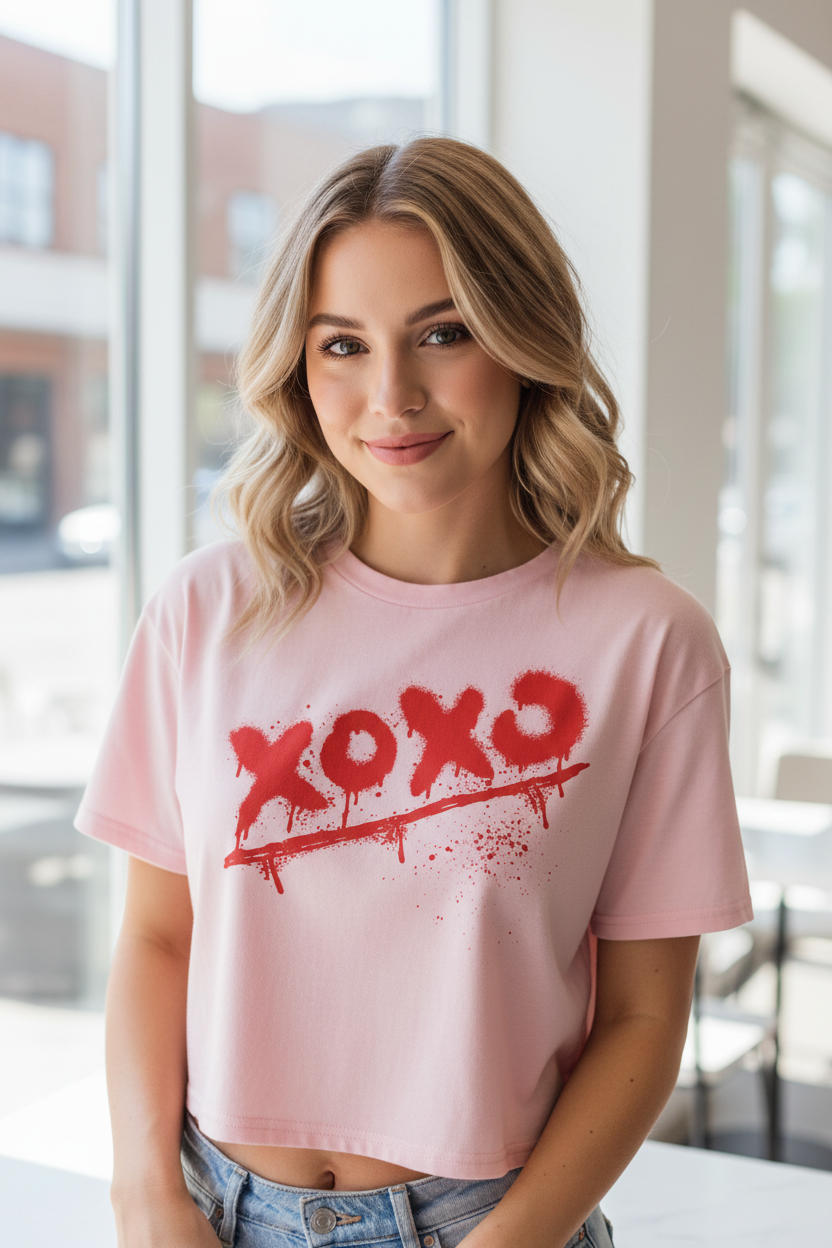 Light pink 100% combed cotton relaxed fit crop top by flyliving, with a red 'xoxo' graffiti graphic and splatter details, worn by a woman with blue jeans.