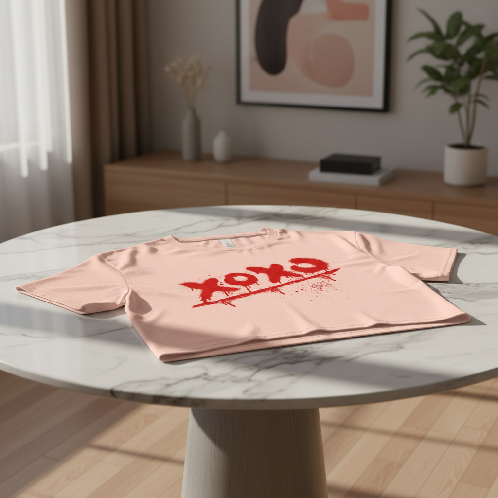Light pink relaxed fit crop top from combed cotton by flyliving, featuring a distressed red "XOXO" graphic and splatters on a white marble table.