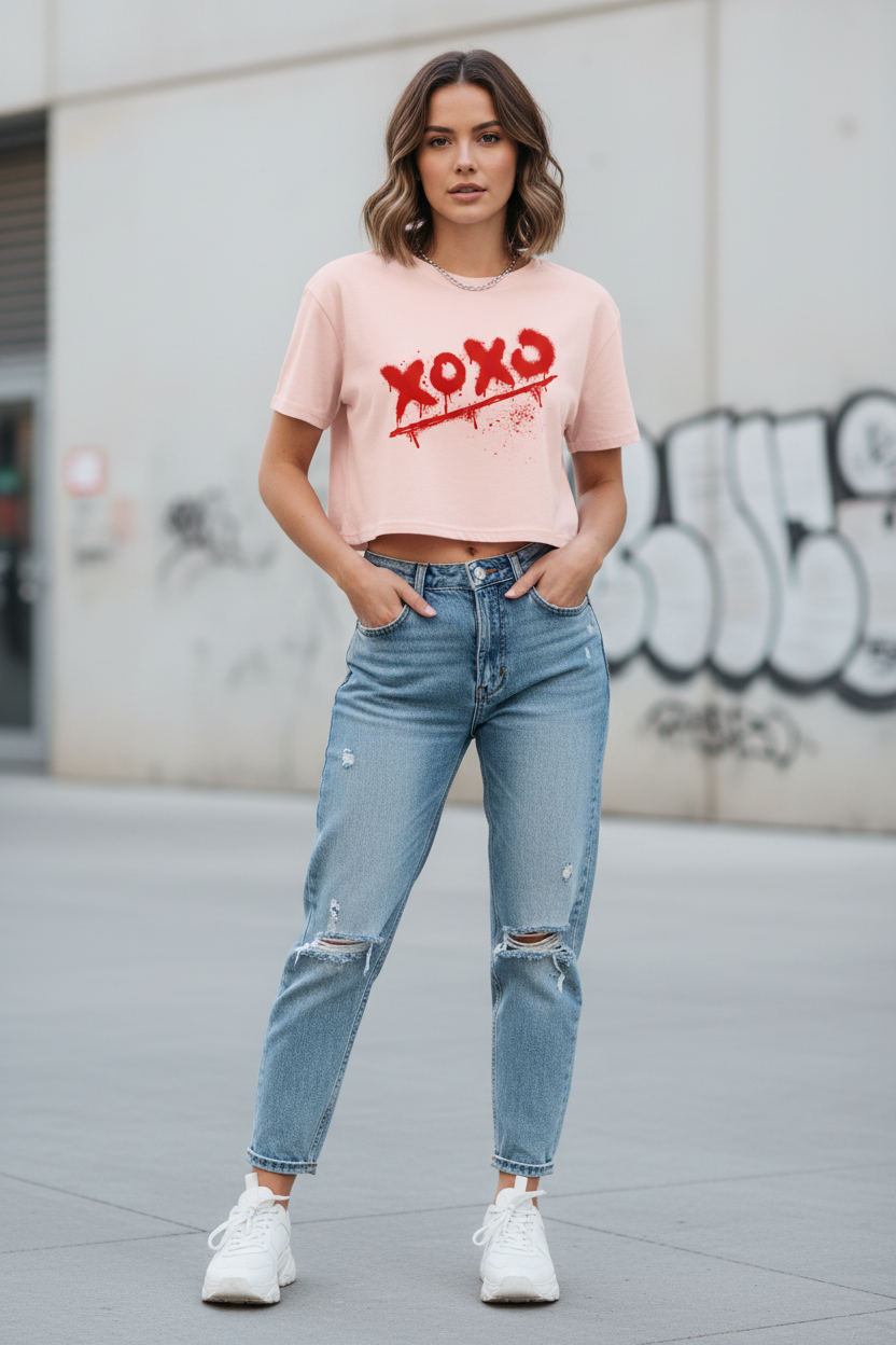 Relaxed fit light pink combed cotton crop top with red spray paint XOXO graphic by flyliving, worn with distressed jeans.