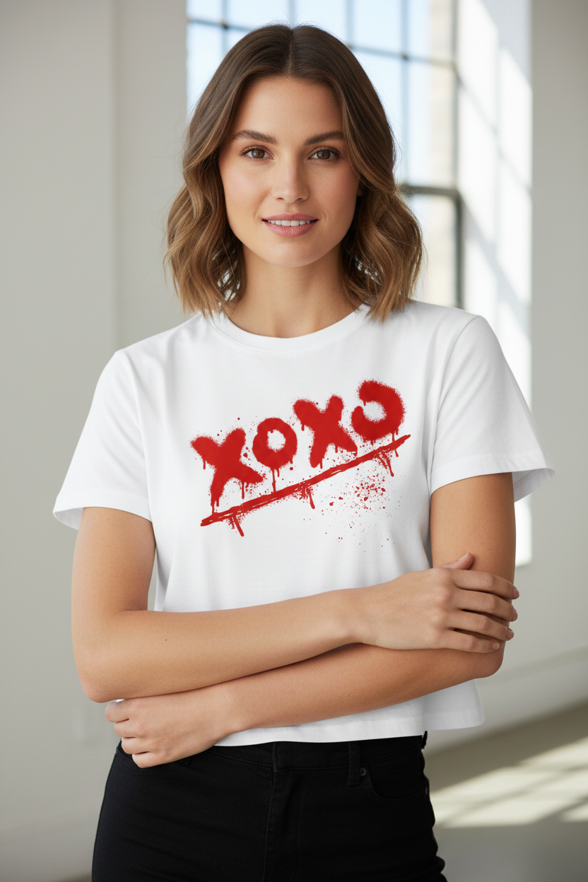 White 100% combed cotton relaxed fit crop top by flyliving, featuring a red "XOXO" graffiti design with drips and splatters, worn by a woman with crossed arms.