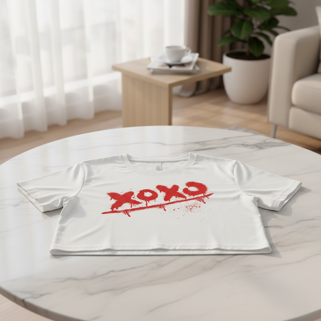White combed cotton relaxed fit crop top by flyliving, featuring a distressed red "xoxo" graphic with paint drips and splatters, laid flat on a marble table.
