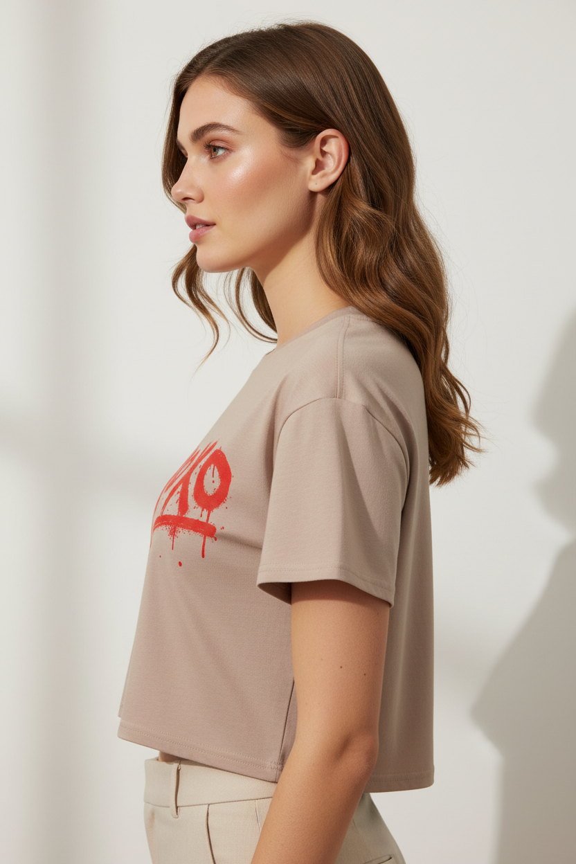 Beige women's combed cotton relaxed fit crop top by flyliving with a red 'xoxo' graphic in a dripped paint style, worn in a side profile.