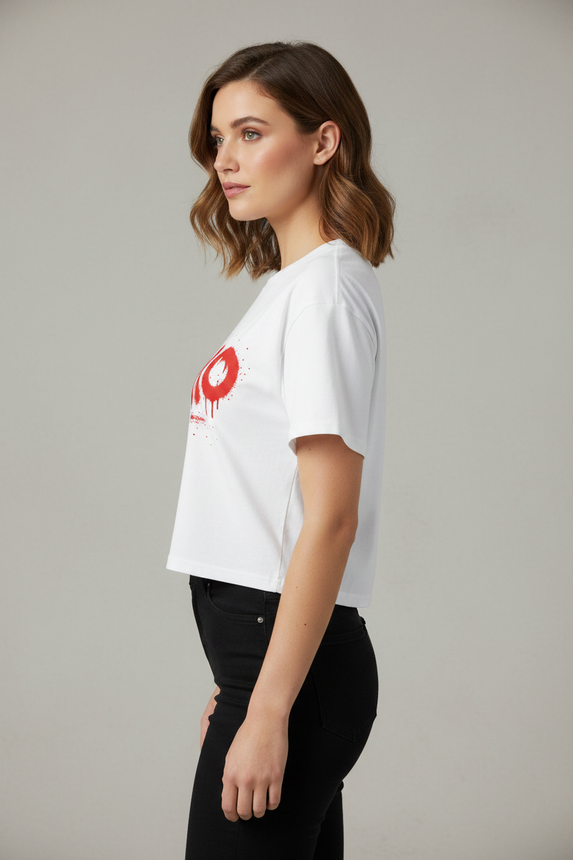 White cropped t-shirt with red 'xoxo' spray paint graphic by flyliving, side view, styled with black jeans.